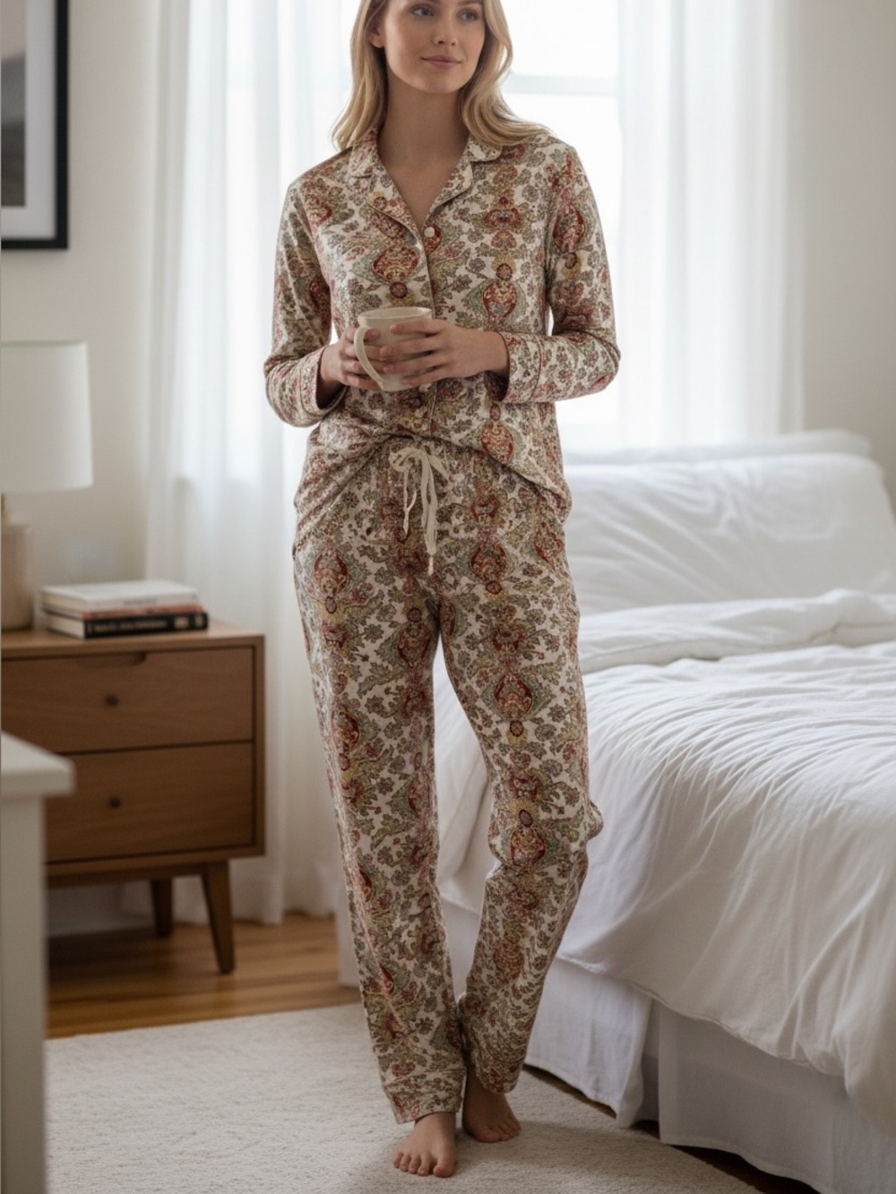 Ralph Lauren Cream Floral Paisley Button-Front Pajama Set with Red Accents